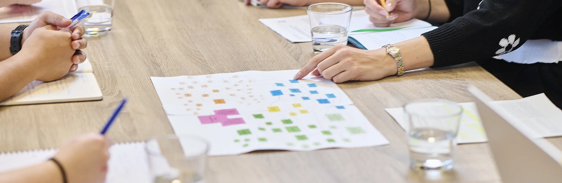 Eine Gruppe von Personen an einem Tisch, die auf ein buntes Diagramm auf Papier zeigen.