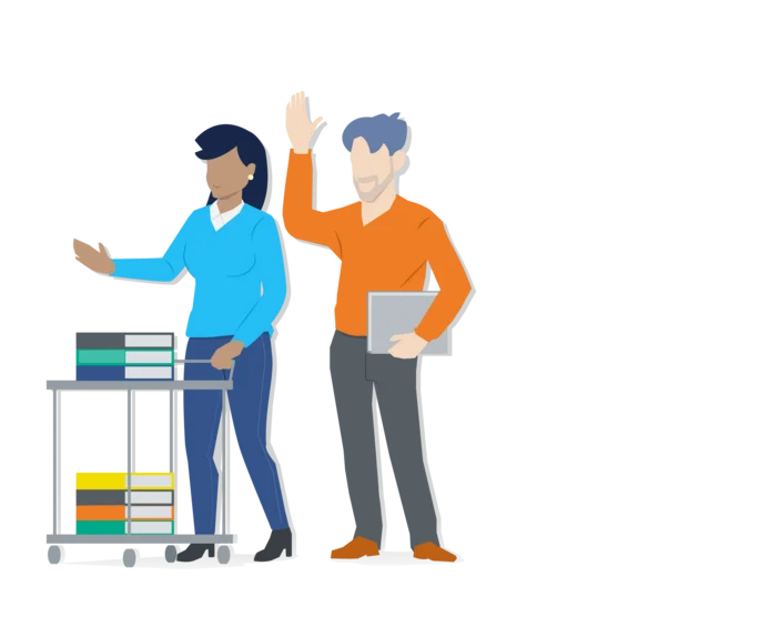 Grafik, die Biliotheksmitarbeitende mit einem Laptop und Bücherwagen zeigt