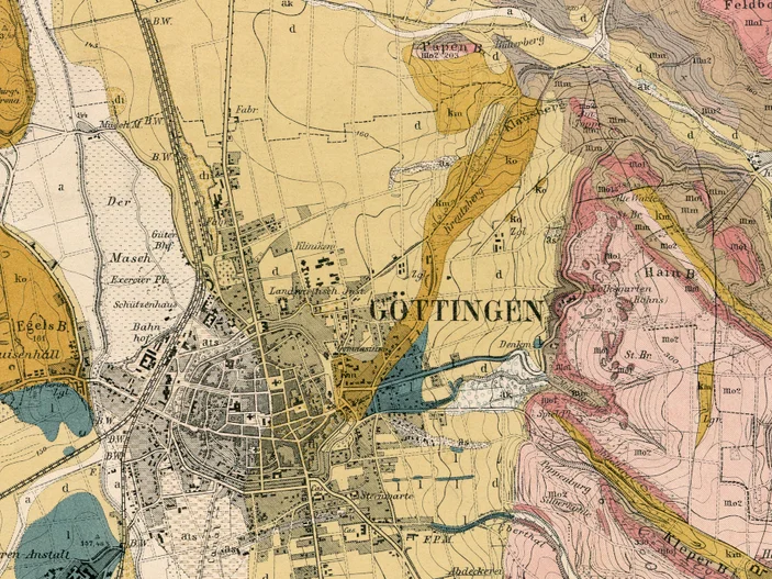 Ausschnitt aus einer geologischen Karte, die die Stadt Göttingen zeigt